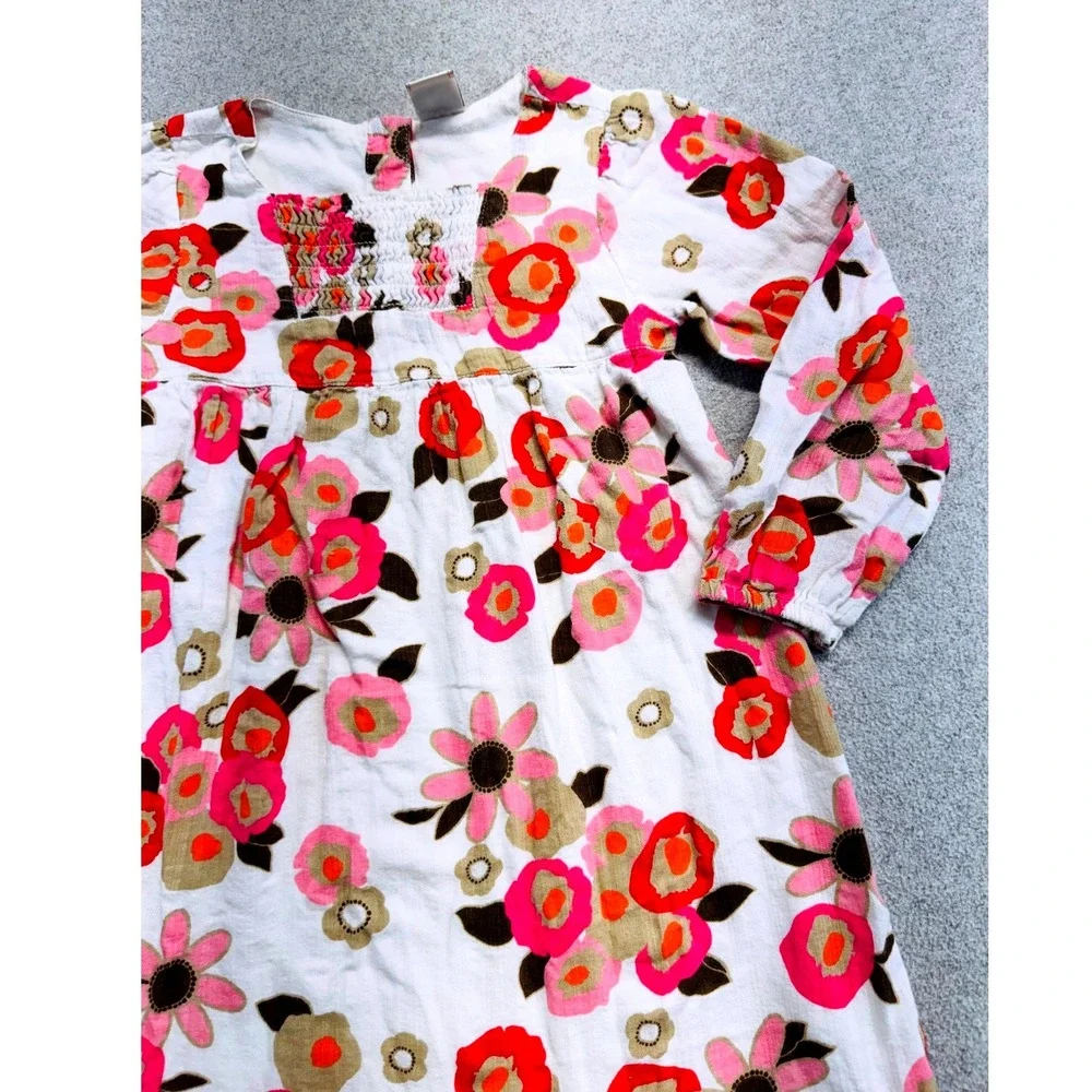 Old Navy Floral Dress Kid 4T White Pink Corduroy Smocked Long Sleeve Boho School